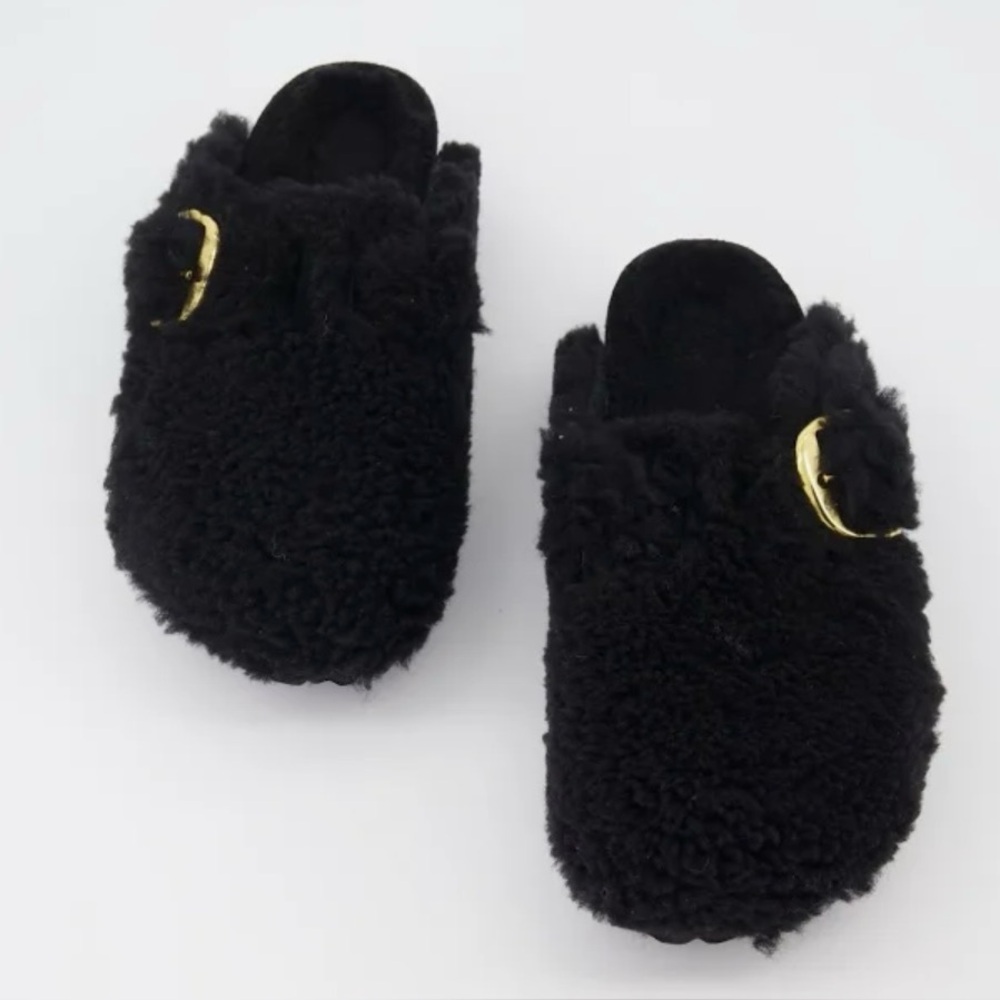 Birkenstock Black Fuzzy Mules with Gold Buckle